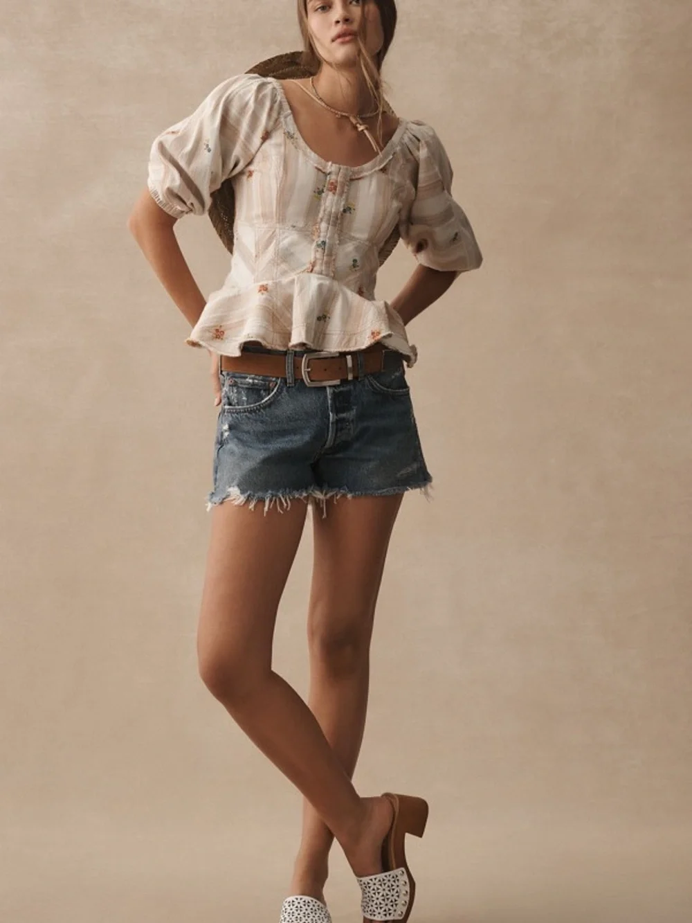 Peplum Puff-Sleeve Floral Stripe Top in Cream